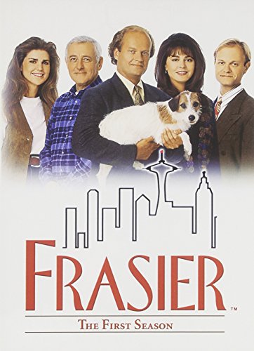 Frasier" cast portrait with Eddie the dog, city skyline, and show title.