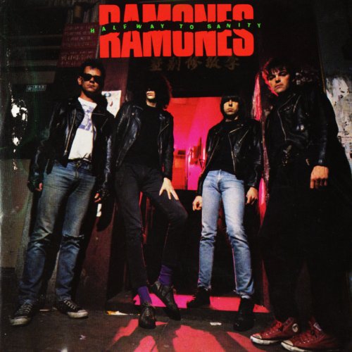 Ramones album cover: band members in leather jackets, red lighting.