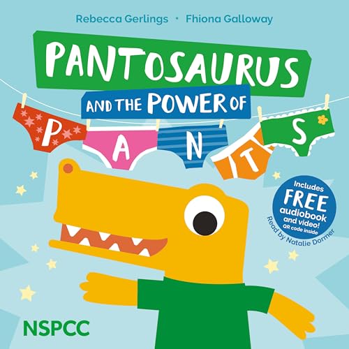 Colorful children's book cover featuring a dinosaur wearing pants, with bold playful typography.