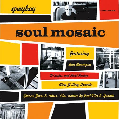 CD cover for Greyboy's Soul Mosaic featuring a colorful geometric collage and photosL photos.