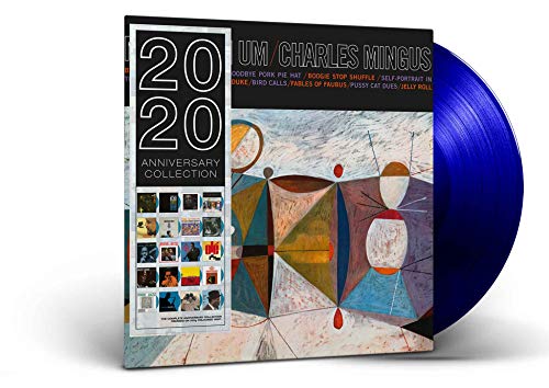 Charles Mingus “Mingus Ah Um” blue vinyl record with abstract cover art.