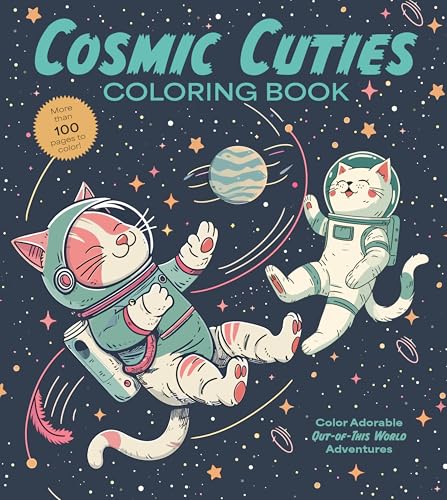 Coloring book cover with cats in spacesuits orbiting a planet.