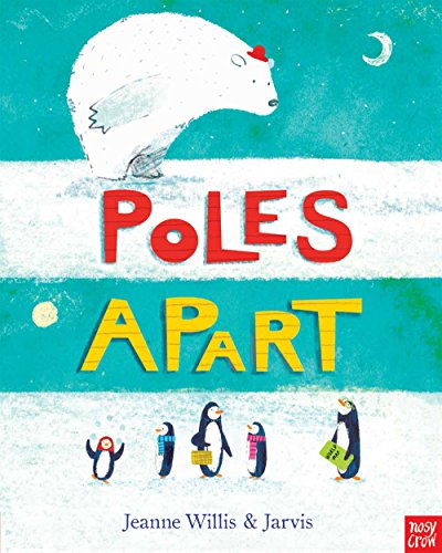 Book cover: polar bear and penguins, colorful text, blue background.