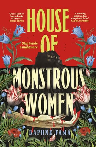 Book cover featuring a dark house, a bloody hand, and flowers on red background.
