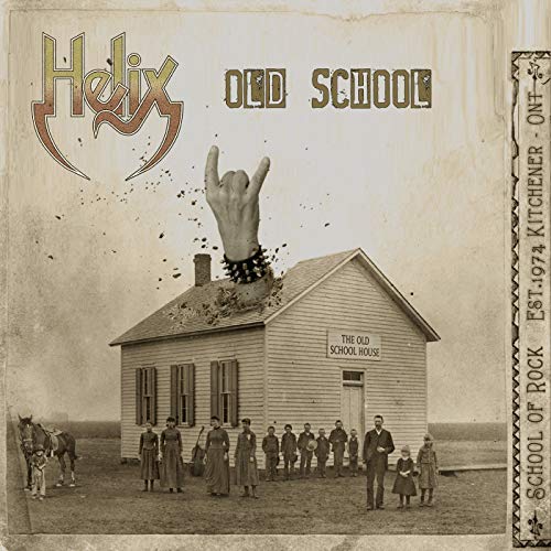 CD cover showing a handL rock hand bursting through a vintage schoolhouse roof.