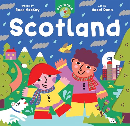 Children’s book cover depicting illustrated Scottish landscape and people.