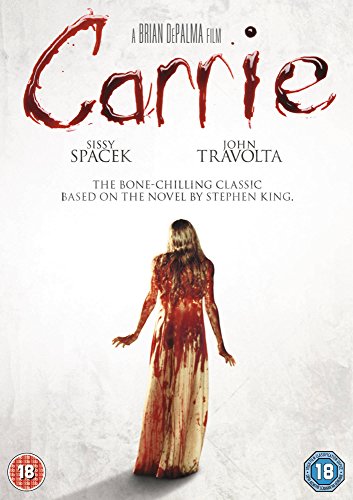 Carrie" DVD cover: blood-soaked girl seen from behind, red title text.