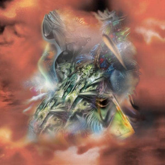 Surreal album cover with a bust figure amidst fiery, colorful smoke.