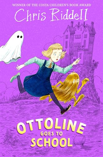 A girl, a ghost, and a hairy creature run past a castle on purple background.