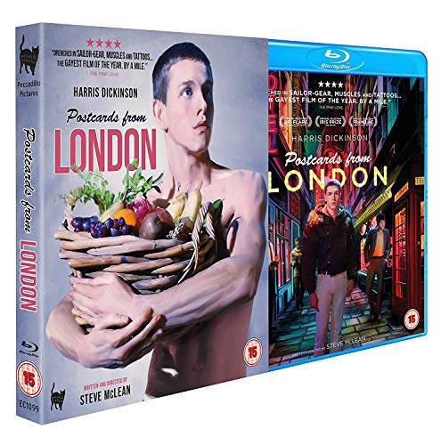 Postcards from London Blu-ray case featuring a shirtless man holding a fruit basket.
