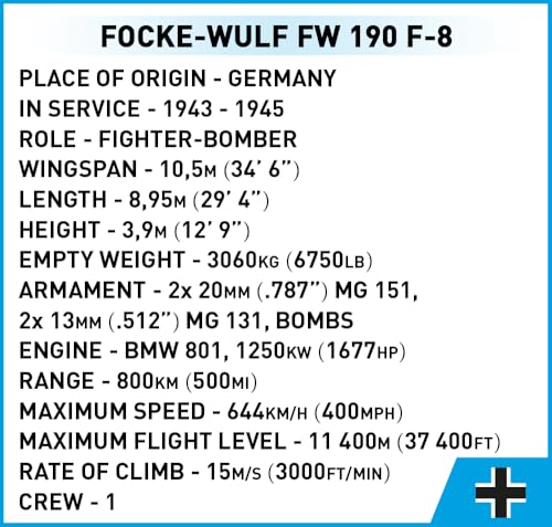 Focke-Wulf FW 190 F-8 fighter plane specifications chart, Germany, 1943-1945.