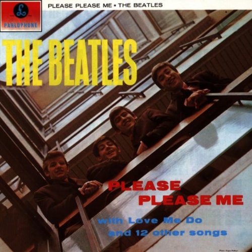 The Beatles’ “Please Please Me” album cover featuring the band on stairs.