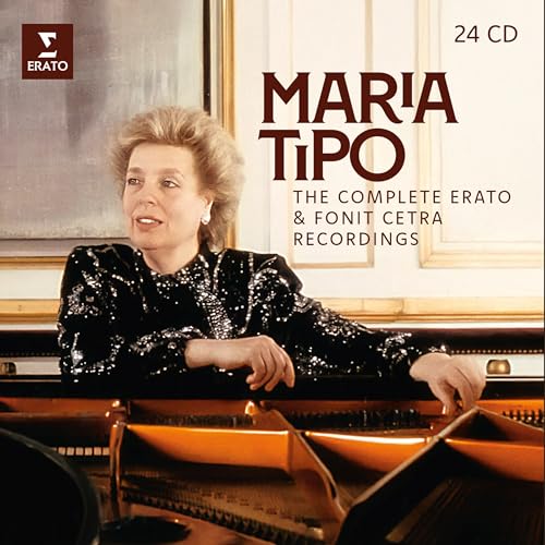 Pianist Maria Tipo sitting at a grand piano on a 24 CD box set cover.