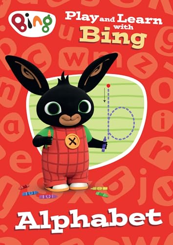 Bing the rabbit stands on a red background featuring letters and colorful crayons.