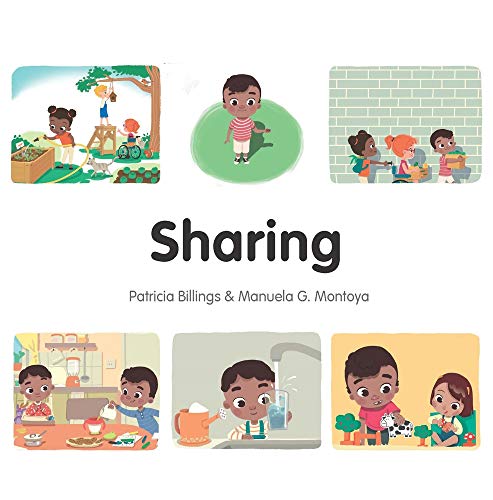 Book cover: "Sharing" depicts children sharing activities and food.