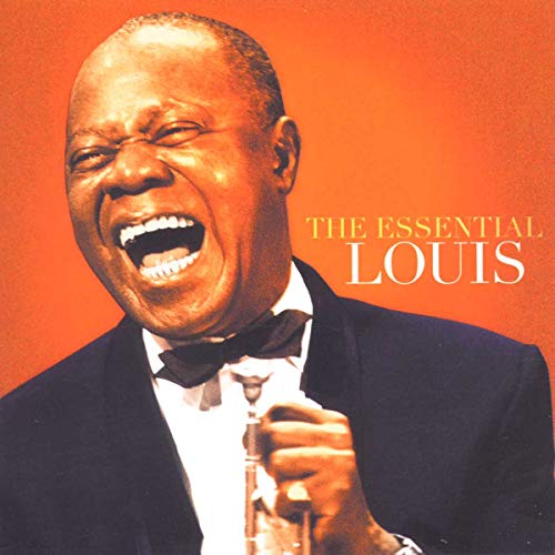Louis Armstrong smiling, holding a trumpet, on album cover “The Essential Louis.”