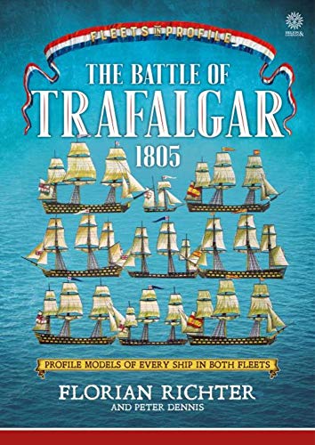 Historic naval battle depiction with detailed ship profiles in a bi-lingual reference book format.