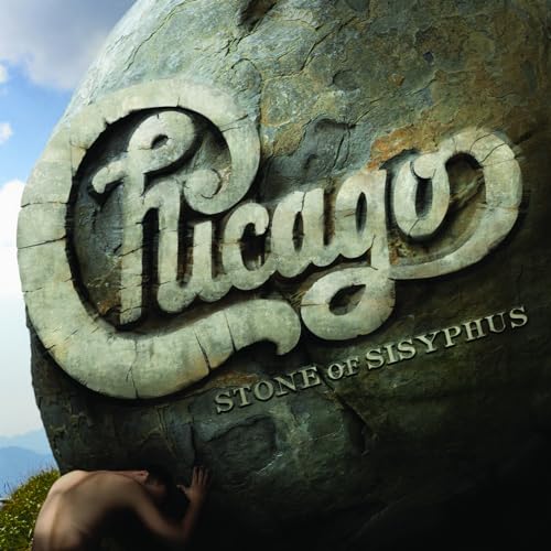 Chicago album cover: large stone with band logo and straining figure.