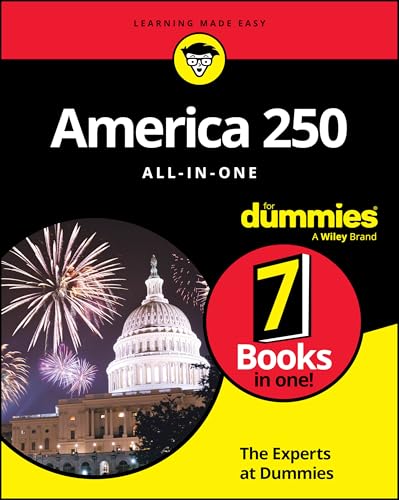 Book cover: “America 250 All-In-One For Dummies” with fireworks and Capitol Building.