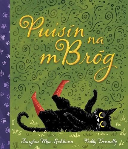 A black cat wearing red boots lies on its back on a green background.