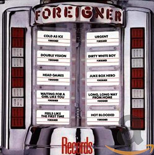 Foreigner album cover resembling a vintage jukebox displaying song titles.