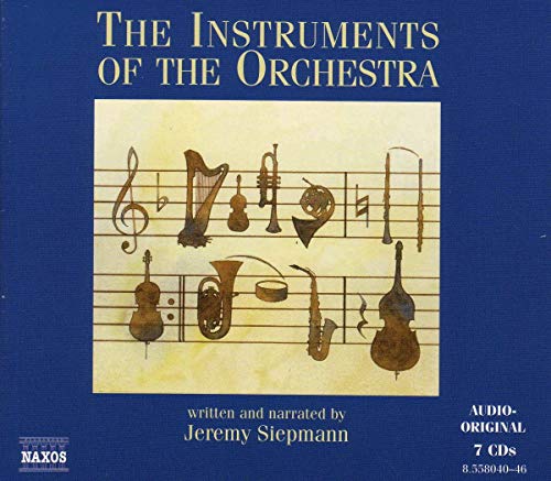 CD cover: orchestral instruments illustrated on musical staff, blue background.