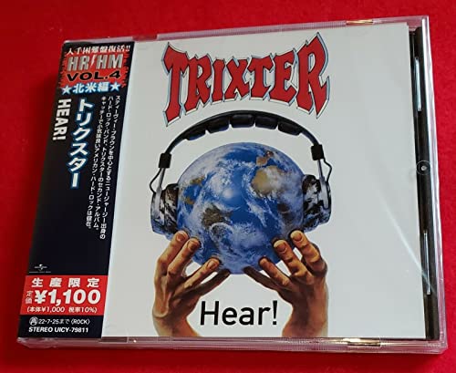 CD case for Trixter’s “Hear!” album, featuring headphones and a globe.