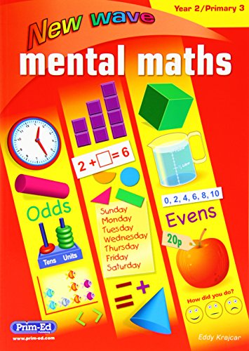 Year 2 maths textbook cover with clock, shapes, and numbers.