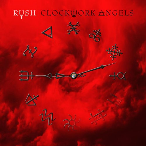 Rush’s “Clockwork Angels” CD cover: red clouds with clock symbols.