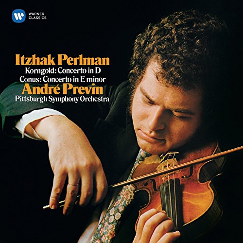 Itzhak Perlman playing violin, album cover for Korngold/Conus concertos.