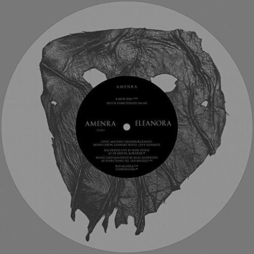 Gray vinyl record label with dark, organic, mask-like design and band names.