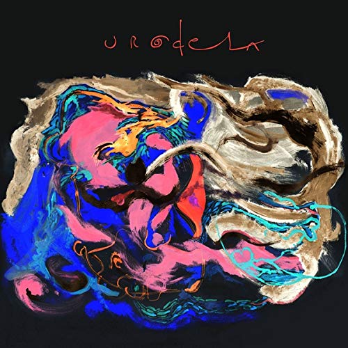 Abstract album cover with swirling blues, pinks, and gold paint.
