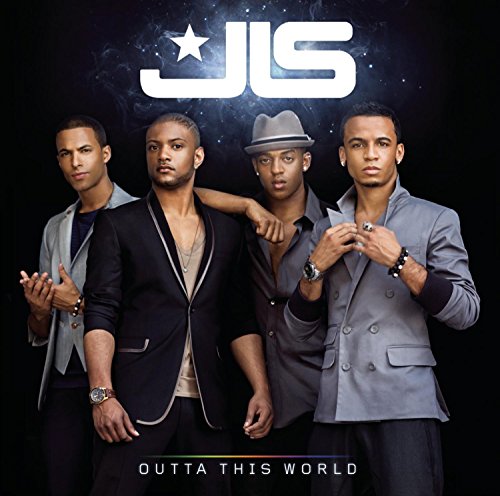 The four members of the boy band JLS pose against a dark, starry background.