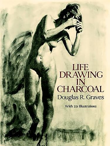 Charcoal drawing of a seated nude figure, book cover titled "Life Drawing in Charcoal.