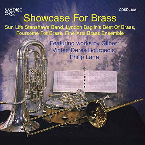 CD cover for "Showcase For Brass" featuring brass instruments and sheet music.