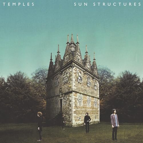 Album cover for Temples’ “Sun Structures” featuring a stone tower and figures.