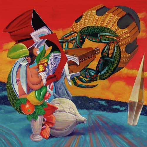 Surreal album cover with a figure, lobster, and abstract shapes in vibrant colors.