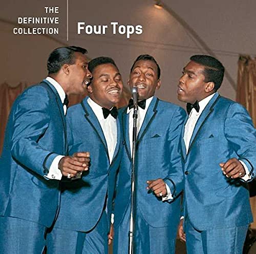 CD cover featuring The Four Tops in matching blue suits performing.