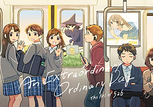 Anime-style illustration of people on a train, with a witch visible.