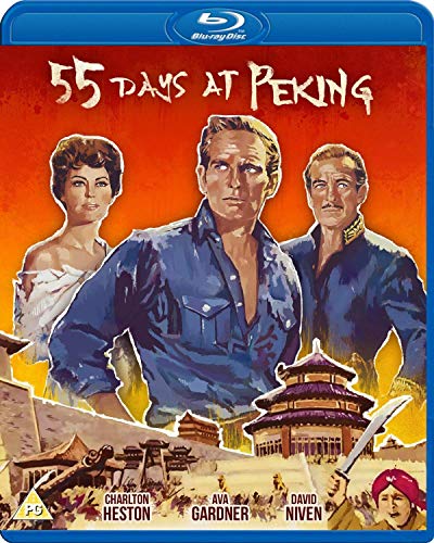 Blu-ray cover art for 55 Days at Peking featuring three actors against orange background.