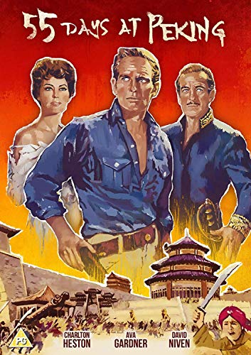 DVD cover for 55 Days at Peking featuring three actors and Chinese architecture.