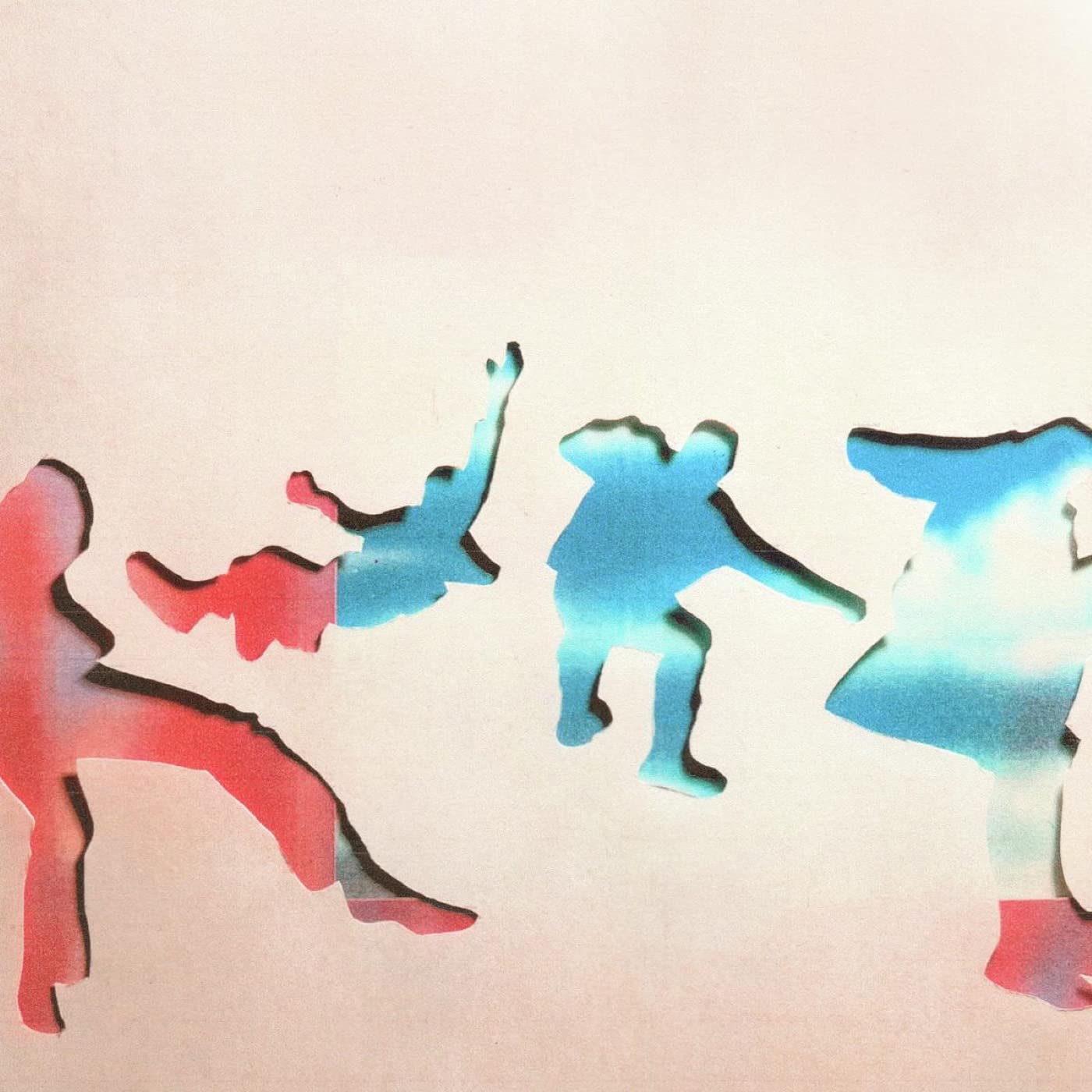"Album cover with cut-out silhouettes of four people in dynamic poses, colored red and blue."