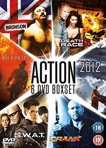 "Collage of six action movie covers with title 'Action 6 DVD Boxset 2012' in center."
