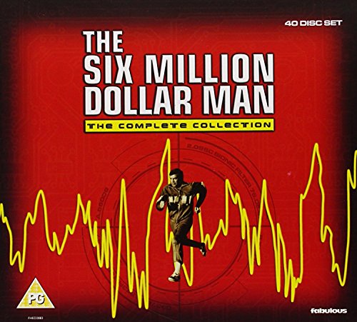 DVD cover for The Six Million Dollar Man featuring a man running on red.