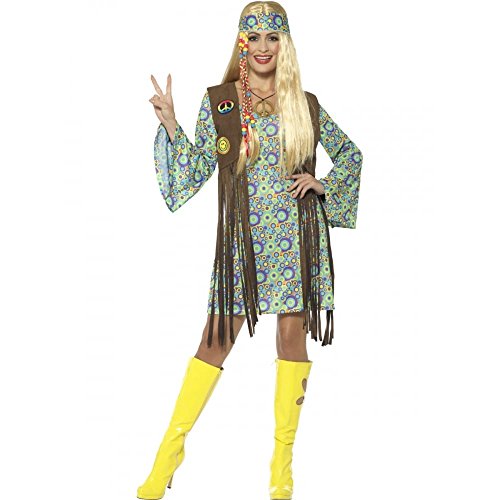 Woman in a 1960s-style hippie costume with yellow boots.