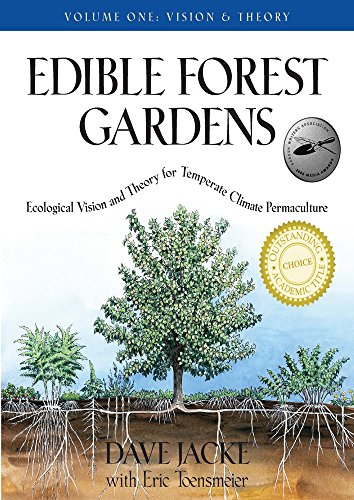 Book cover: "Edible Forest Gardens" with a tree illustration and gold seal.