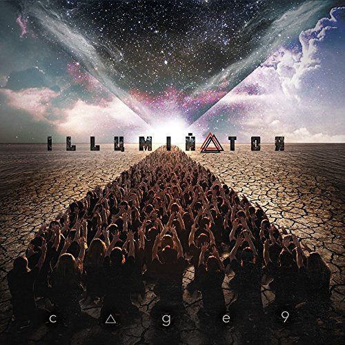 Album cover: crowd reaching towards a bright, galactic light in a cracked landscape.