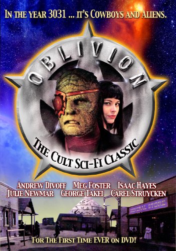 Oblivion DVD cover featuring a cyborg face and a woman in a desolate landscape.