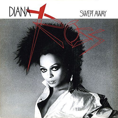 Diana Ross album cover, "Swept Away," featuring a portrait and red graphic lines.
