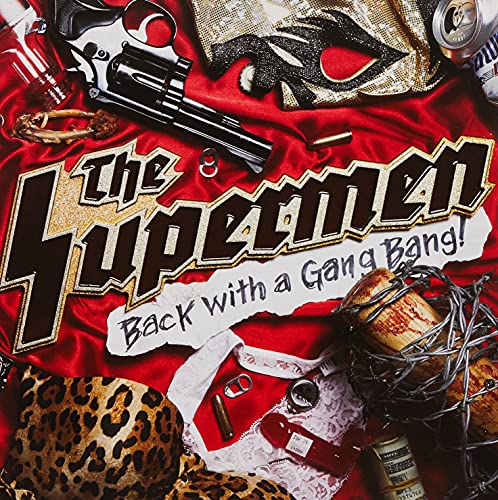 Album cover for “The Supermen” featuring guns, masks, and chains on red fabric.